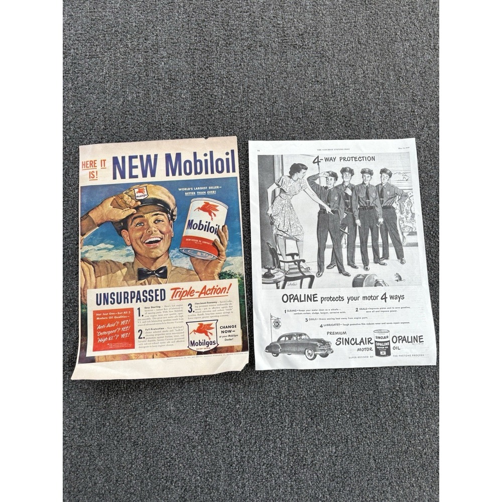 Lot 2 Vintage Motor Oil Print Ads 1950s Mobiloil Pegasus Sinclair Opaline Gas